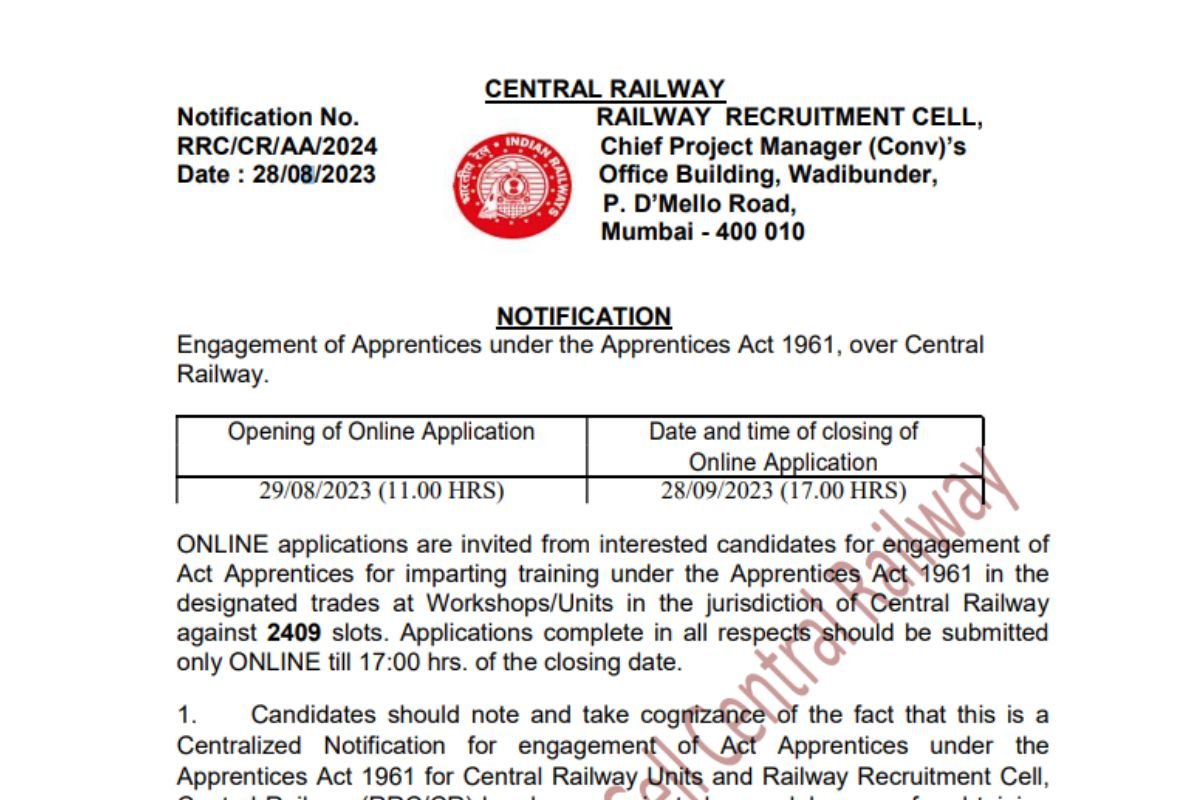 Central Railway Apprentice Recruitment 2023 Notification